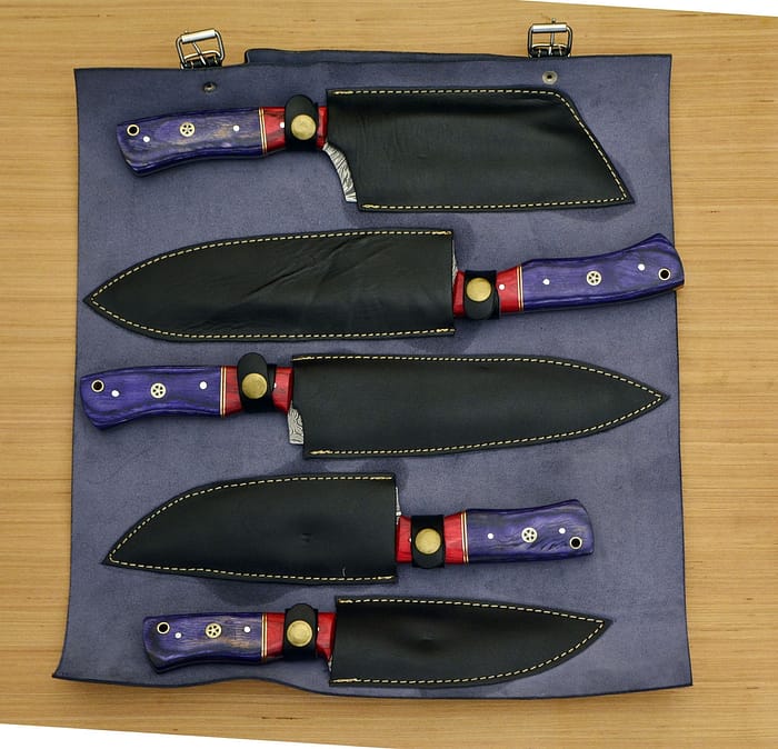 Custom Made Chef Knife Set In Damascus With Leather Roll