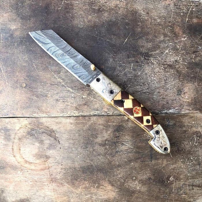 Damascus Handmade Pocket knife-Leather Sheath1