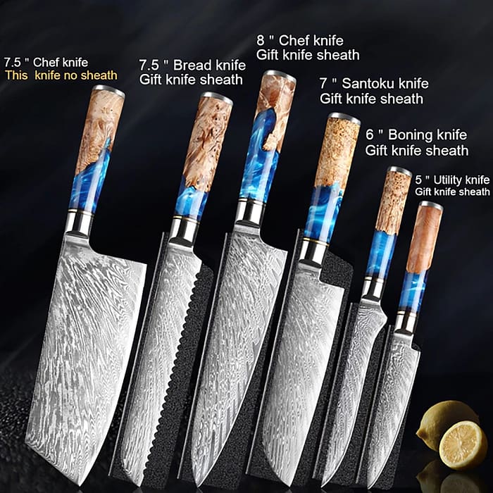Damascus Steel Blue Resin Wood Handle 7 PCS. Kitchen Knife Set