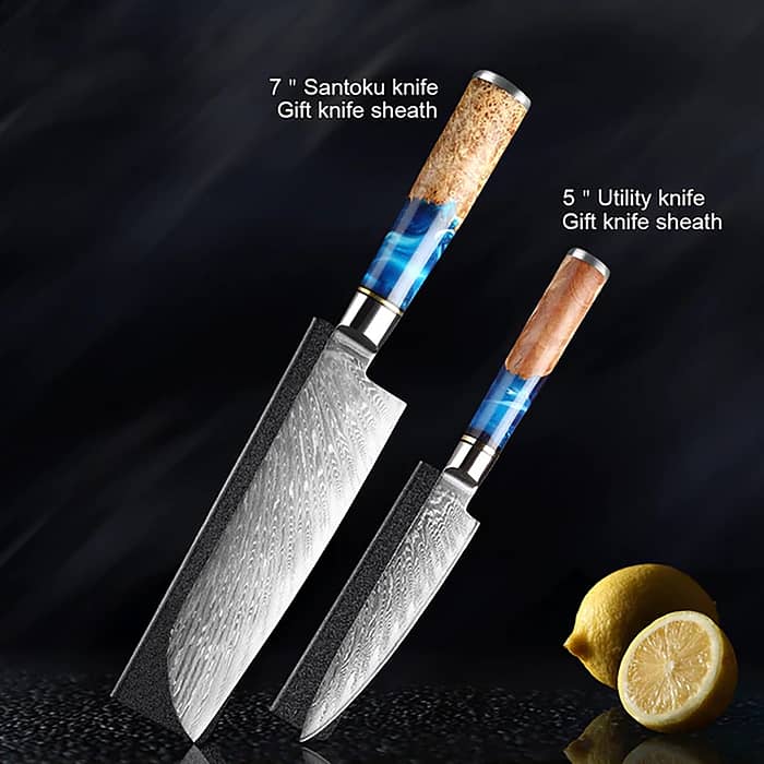 Damascus Steel Blue Resin Wood Handle 7 PCS. Kitchen Knife Set