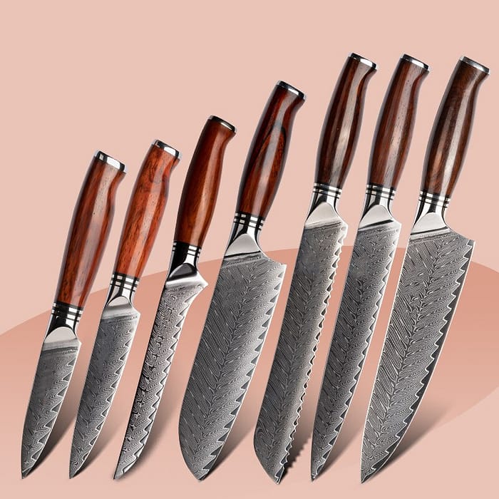 Wooden Handle Damascus Steel Kitchen Knives Set - 7 Pcs.