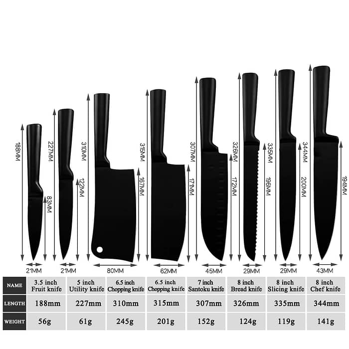 8pcs Stainless Steel Kitchen Knives-Non-stick Black Blade