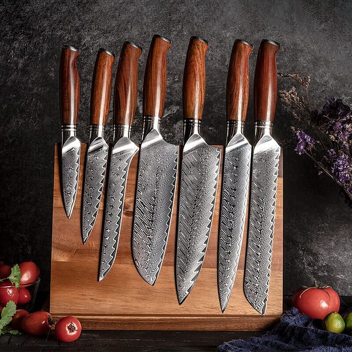 Wooden Handle Damascus Steel Kitchen Knives Set - 7 Pcs.