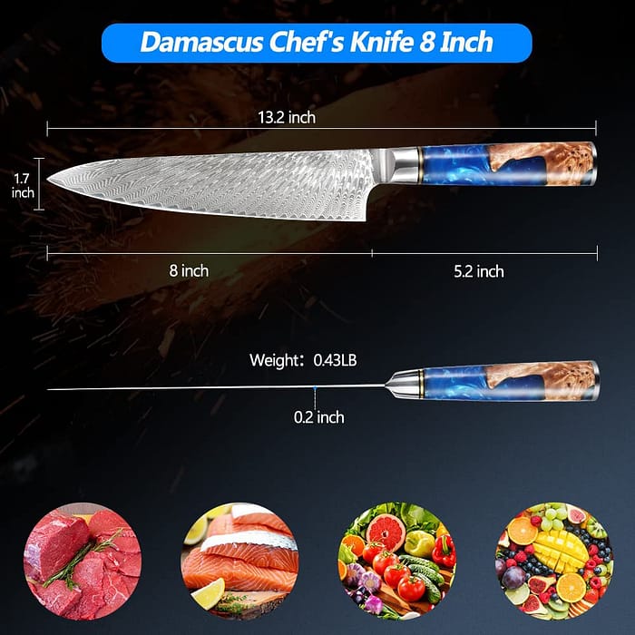 Damascus Chef Knife Ergonomic Resin Wood Handle -8 Inch