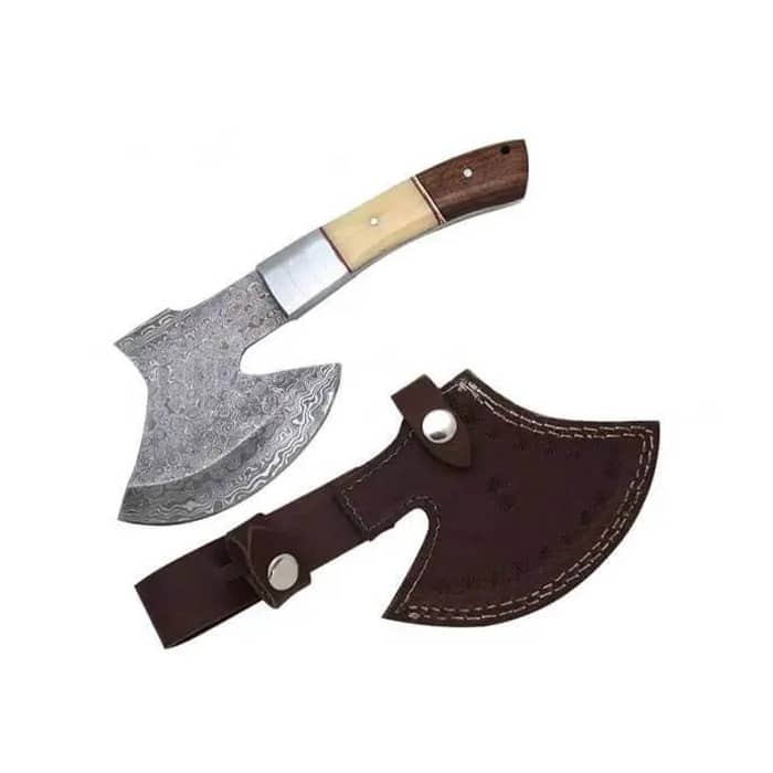 Raindrop Real Damascus Axe For Sale W/ Camel Bone & Wood Handle