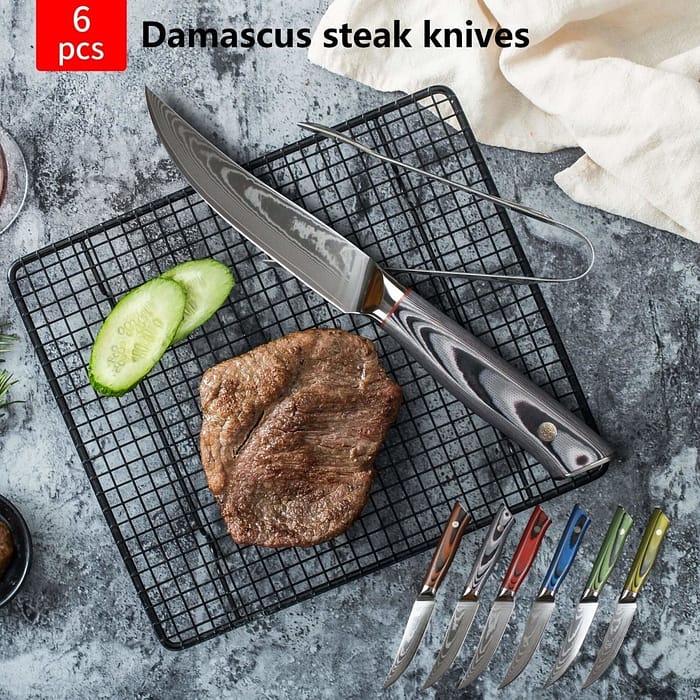 Damascus Steak Knife Set of 6 Japanese Aus-10 Steel Non-serrated Steak Knives