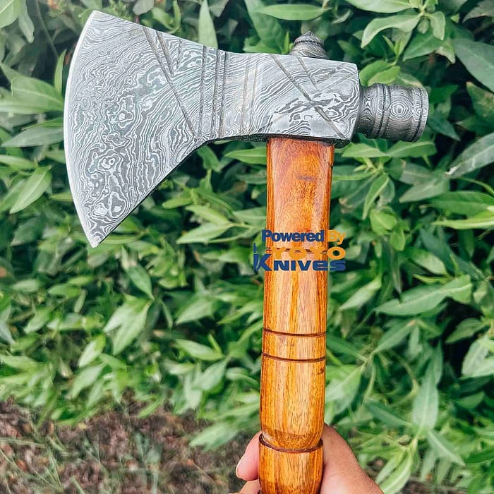 Custom Hand Made Damascus Steel Viking Axe With Beautiful Olive Wood
