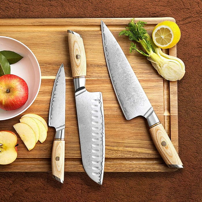 3PCS Damascus Steel 73 Layers Raindrop Knife with Pakka Wood Handle - Set of 3 kitchen knives with intricate damascus steel pattern and ergonomic Pakka wood handles.