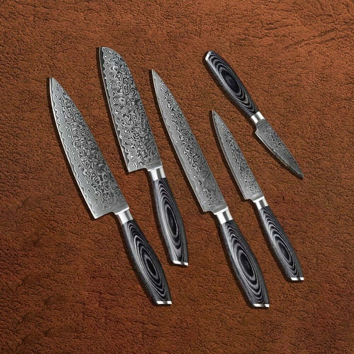 Damascus Kitchen Knife Set with Pakka Wood Handle Set of 5