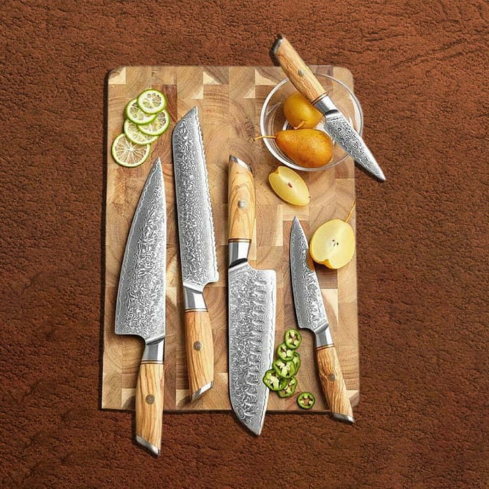 Damascus Steel 73 Layers Powder Steel Knife 5 PCS Set With Olive Wood Handle