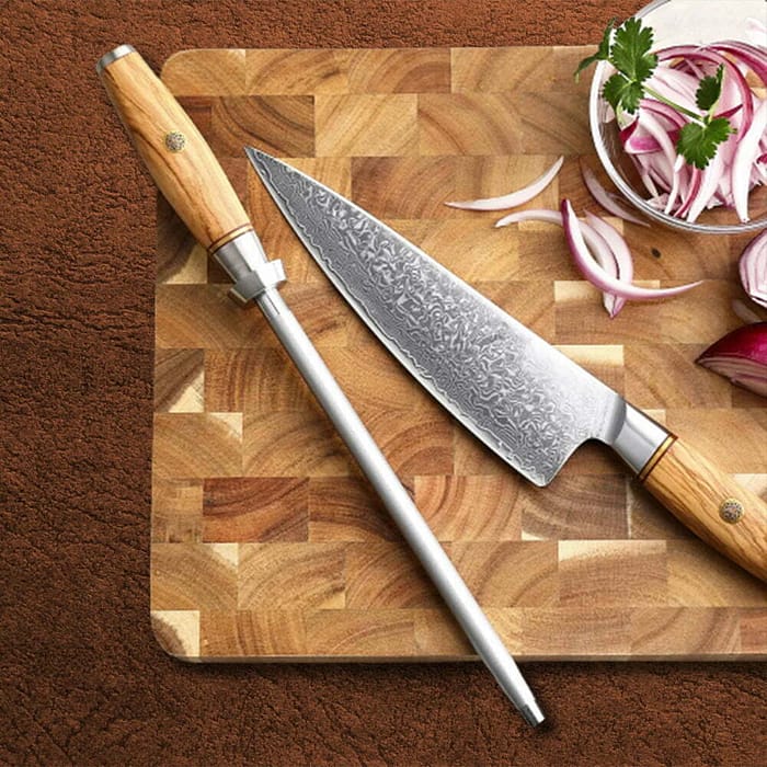 Damascus Steel Knife Sharpener with Olive Wood Handle