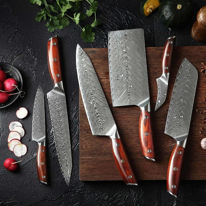 Layers Damascus Steel Knife Set with Rosewood Handle