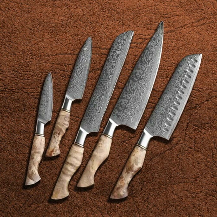 Premium Kitchen Knife Set with Sycamore Handle, Damascus Steel Knives