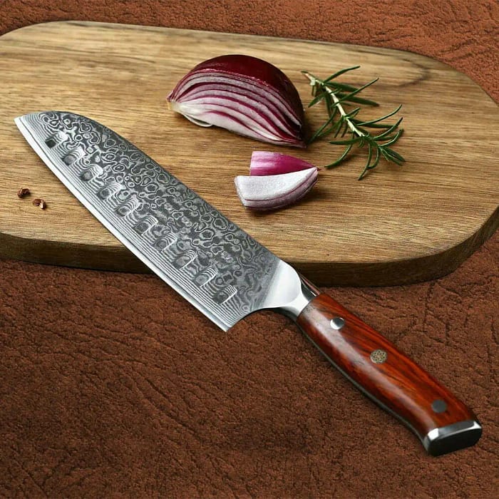 High Carbon Damascus Steel Santoku Knife with Rosewood Handle