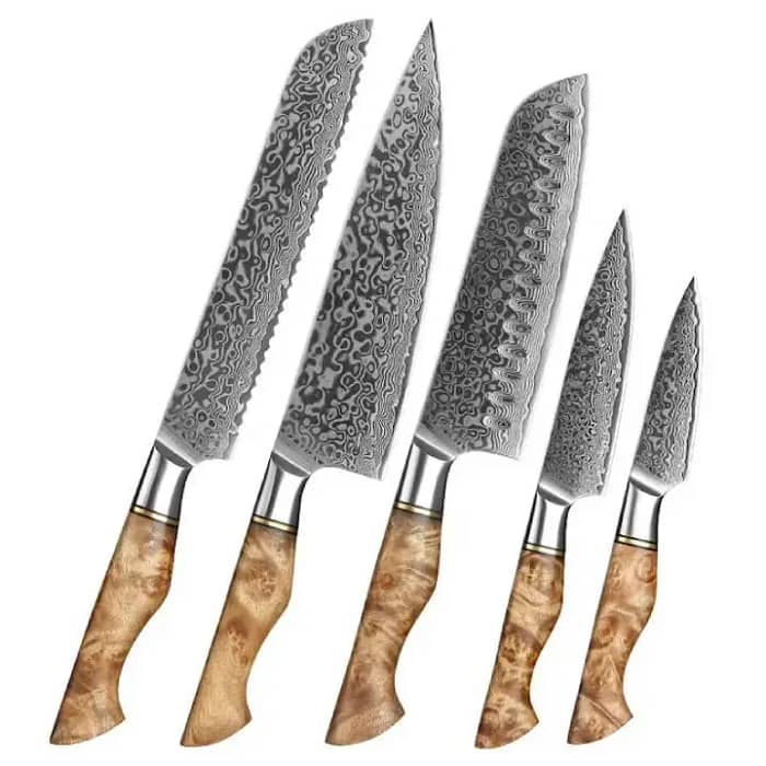 Damascus Premium Steel 5 PCS Kitchen Chef Knife Set with Sycamore Handle