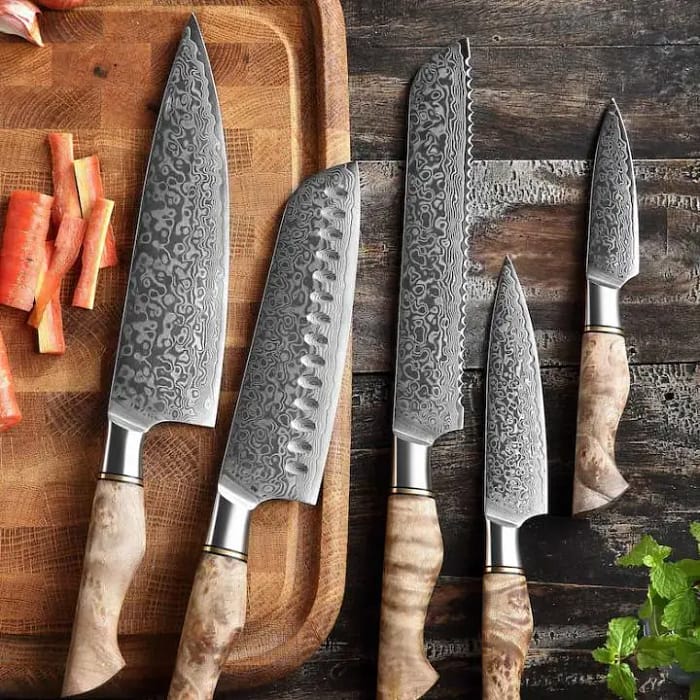 Damascus Premium Steel 5 PCS Kitchen Chef Knife Set with Sycamore Handle