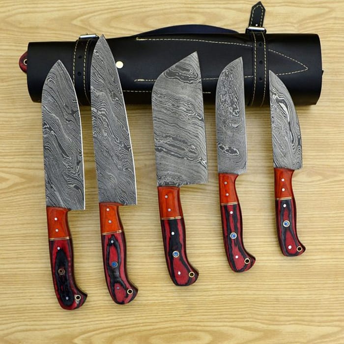 Custom Damascus chef knife set with Leather roll set