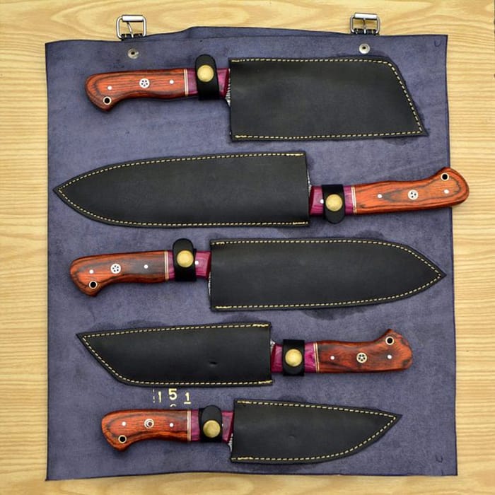 Set of 5 Damascus chef knife set Leather roll set