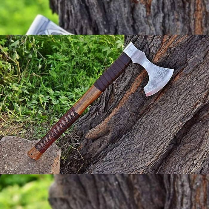 Custom Handmade Damascus Steel Axe with Leather Sheath