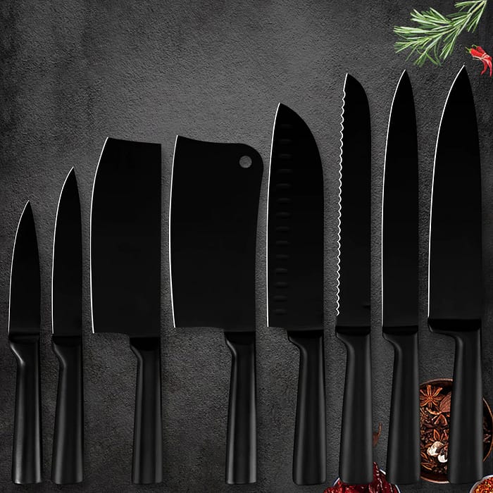 8pcs Stainless Steel Kitchen Knives-Non-stick Black Blade