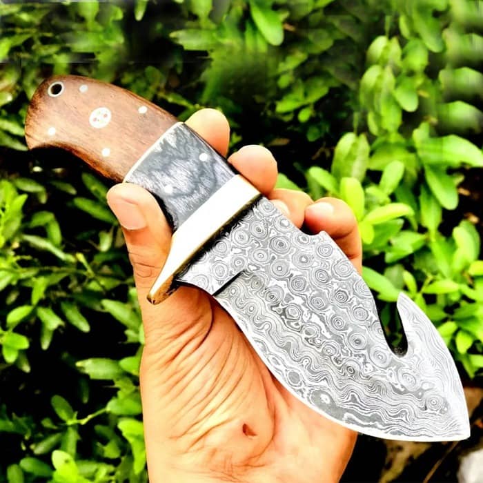 Handmade Raindrop Damascus Steel Gut Hook Skinning Knife