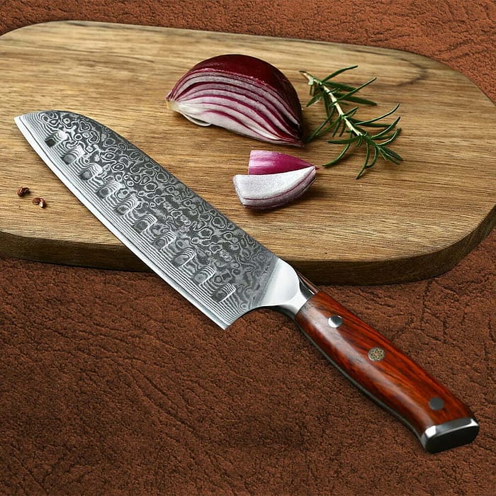 High Carbon Damascus Steel Santoku Knife with Rosewood Handle