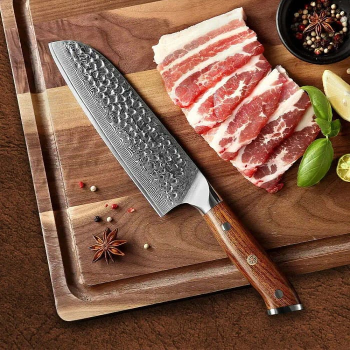 Damascus Santoku Knife with Desert Iron Wood Handle