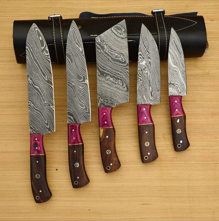 Damascus Hand Made chef knife set with Leather roll