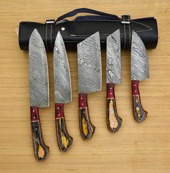 Damascus Custom made chef knife set with Leather roll
