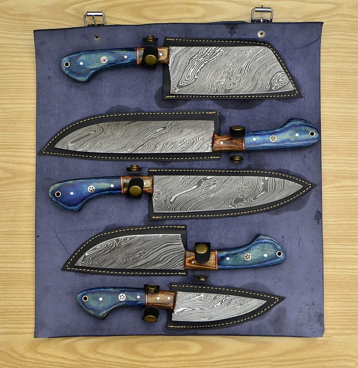 Handmade Damascus chef knife set with Leather roll