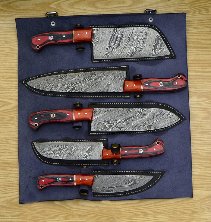 Custom Damascus chef knife set with Leather roll set