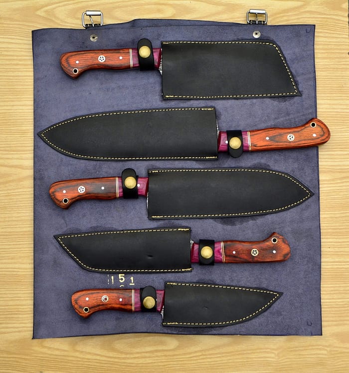 Set of 5 Damascus chef knife set Leather roll set