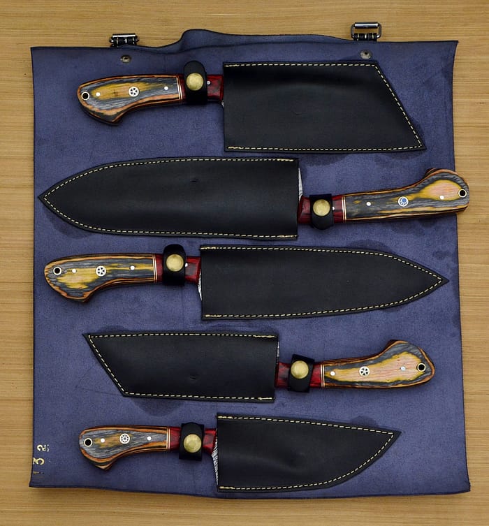 Damascus Custom made chef knife set with Leather roll